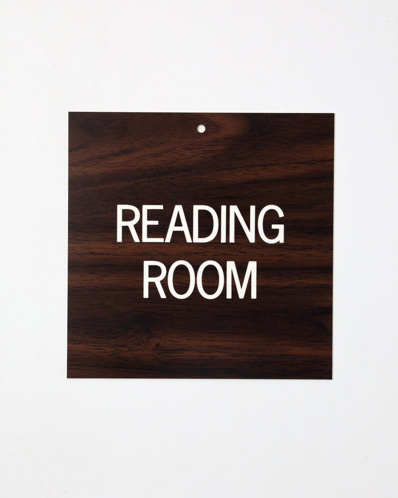 Reading Room plaque, white text on walnut